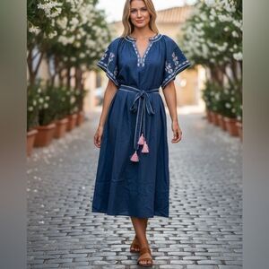 $269 Ex Voto Bri Embroidered cotton dress in starglazer blue NWT